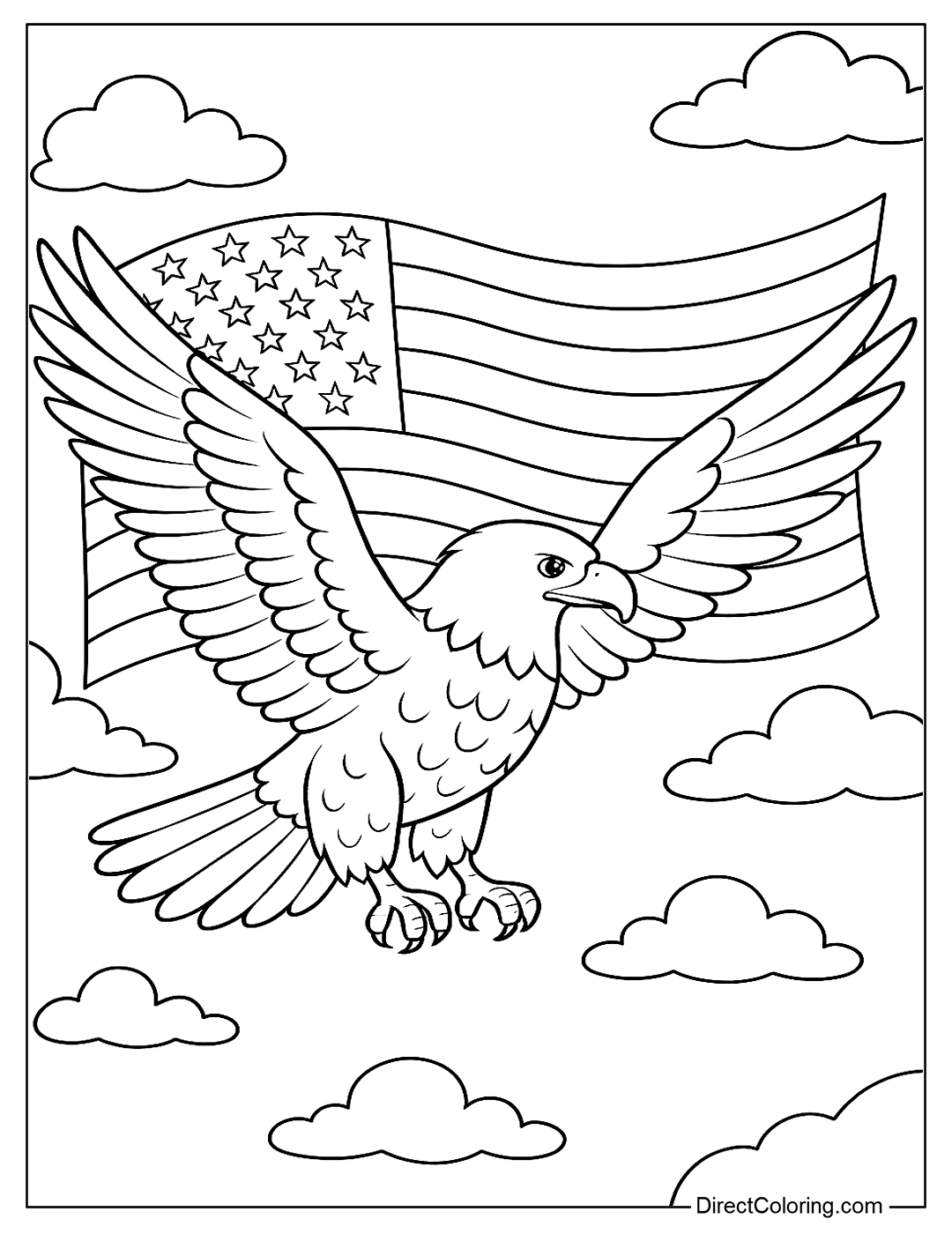 coloring page A bald eagle flying in the sky with the American flag behind it